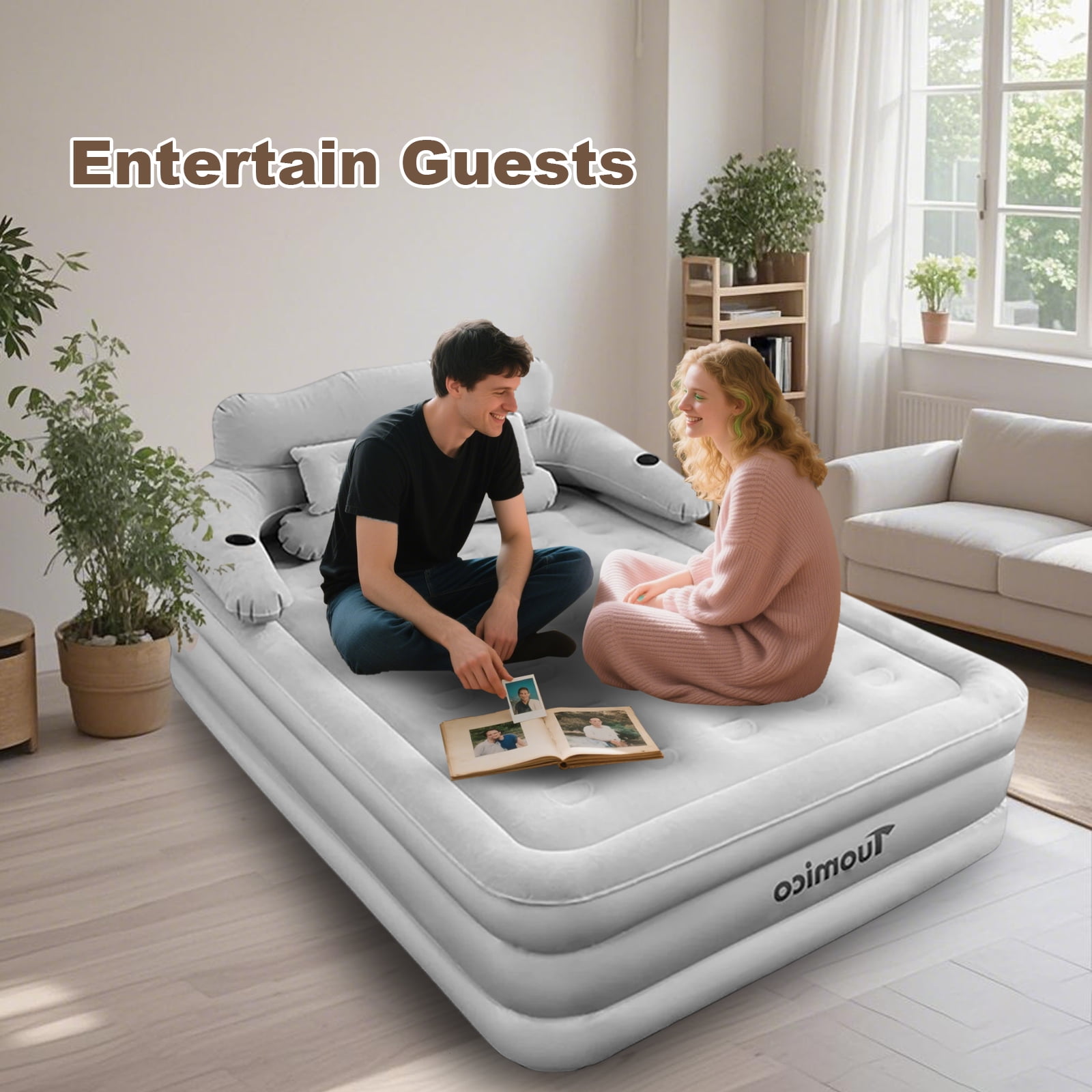KFeng Queen Size Inflatable Air Mattress with Built in Pump Leak Proof,Foldable,Removable Backrest & Pillows（Gray))