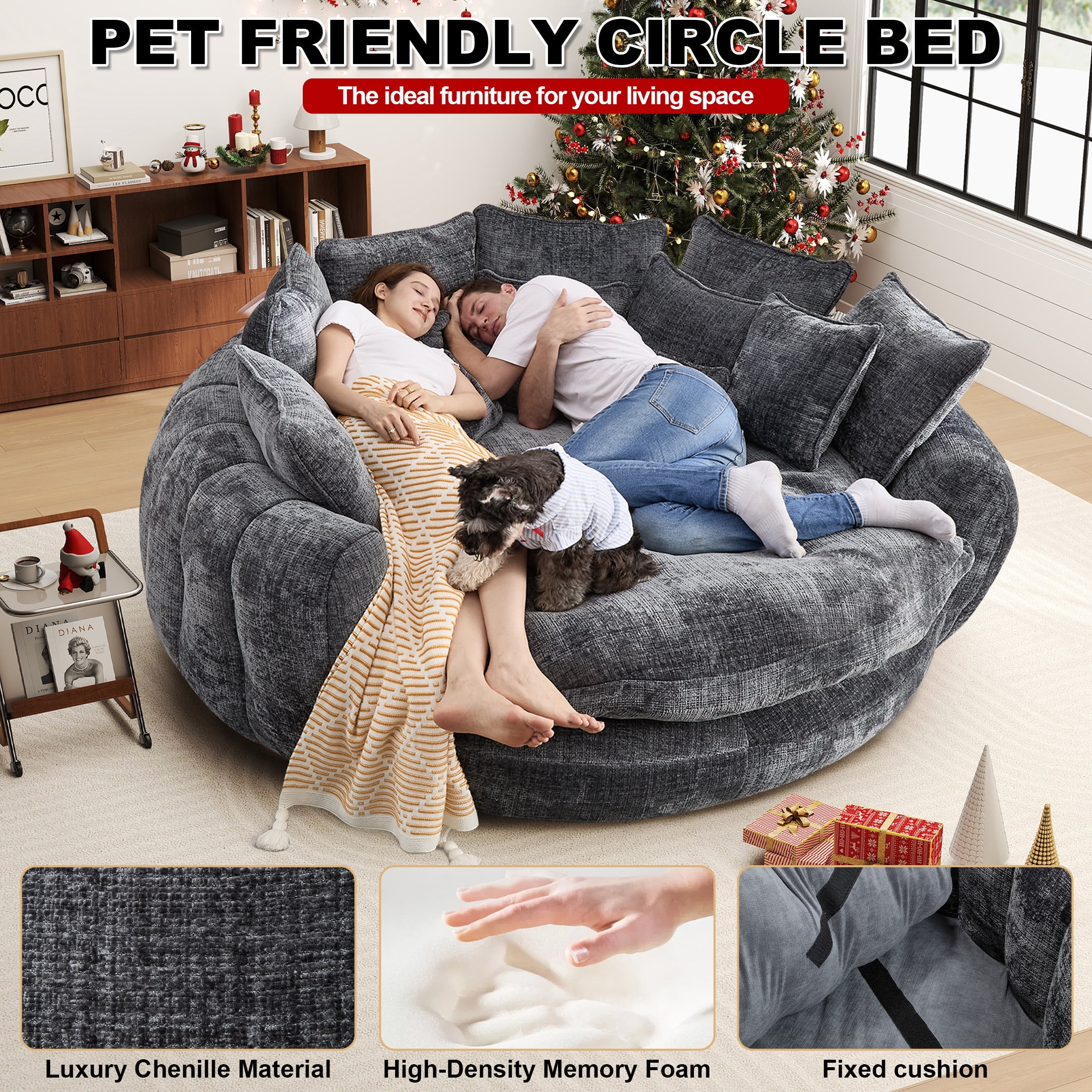 Aukfa 81.1" Oversized Cloud Couch Sleeper Sofa with Round Chaise Lounge, Modern Chenille Upholstered Boneless Sofa with Memory Foam and 14 Pillows, Dark Gray