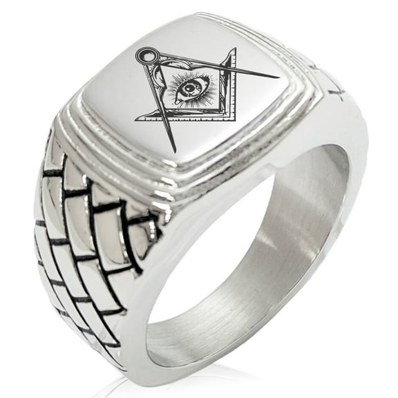 Stainless Steel Freemasons Masonic Sacred Society Geometric Pattern Step-Down Biker Style Polished Ring