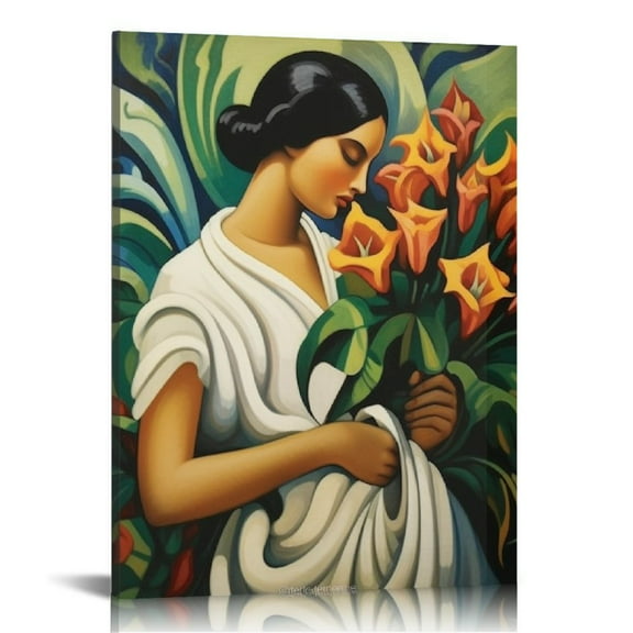 JRXY Mexican Folk Art Poster Woman Holding Calla Lily Flower Painting Poster Canvas Wall Art Poster Print Picture Paintings for Living Room Bedroom Office Decoration 12x16 in