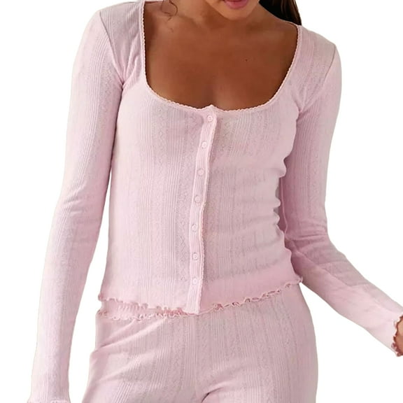 Women Cute Pajamas Set Long Sleeve Button Down Top Ruffle Shorts 2 Piece Lounge Sets Y2k Sleepwear Pink M