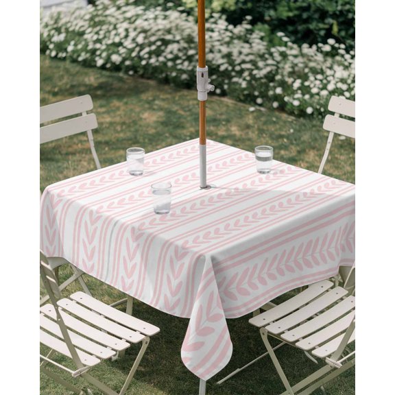 Outdoor Tablecloth with Umbrella Hole, Farmhouse Pink Leaves Texture Zippered Table Cloth for Rectangle Tables, Modern Geometric Stripes Washable Waterproof Tablecloths for Picnic Patio Garden