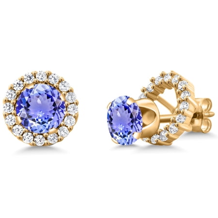 Gem Stone King 1.80 Ct Round 6mm Blue Tanzanite 18K Yellow Gold Plated Silver Removable Jacket Stud Earrings