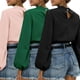 thumbnail image 4 of Moda mujer color sólido blusa cuello alto manga larga linterna nudo Crop Top verano Abanopi Verde/Extragrande, 4 of 7