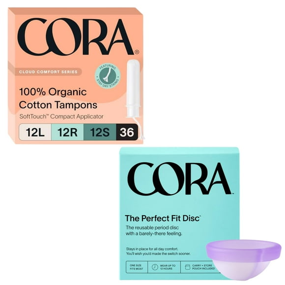 Cora Organic Feminine Care | Applicator Tampon Multipack and Reusable Menstrual Disc | Medical Grade Silicone | Eco-Conscious | Bundle Pack