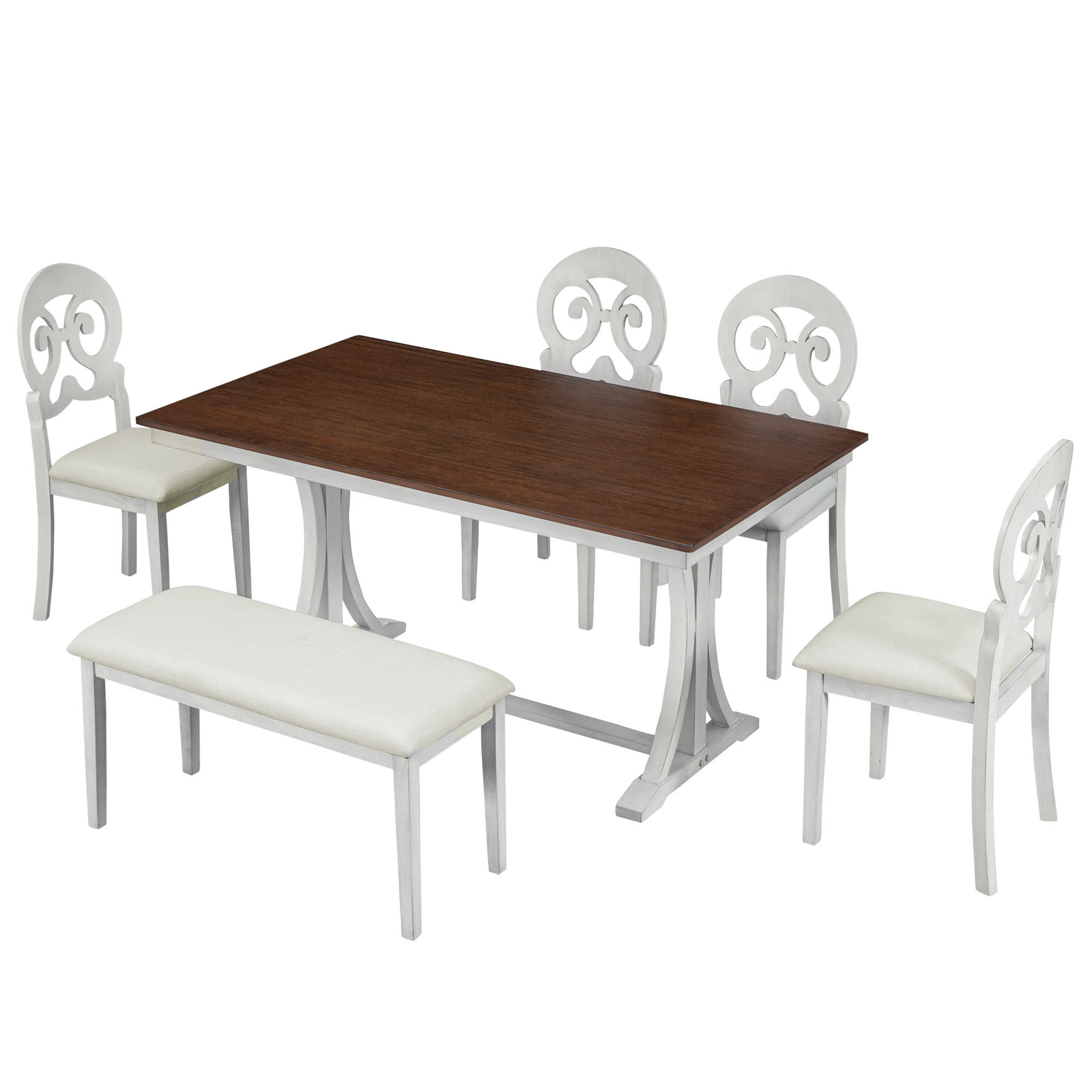 Atumon Dining Table Set for 6, Dining Room Set with Bench and 4 Beige Cushioned Chairs, 6 Piece Wooden Dining Table Set, Farmhouse Dining Table Set Furniture for Kitchen Dining Room, Brown Tabletop