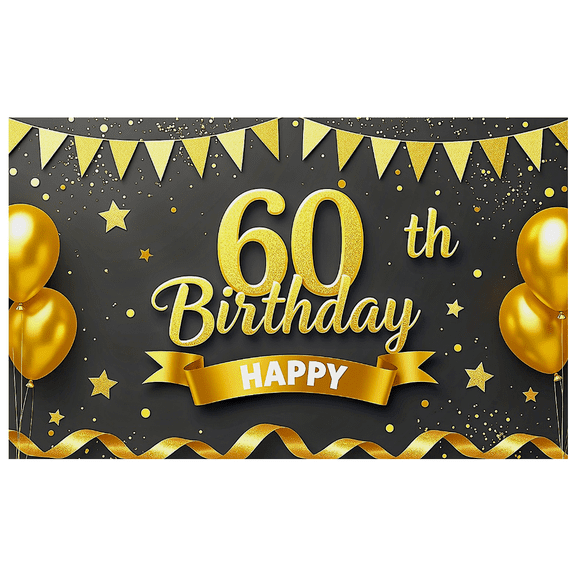 Black and Gold Glittery 60th Happy Birthday Banner Backdrop Background Party Decors Photo Props for Birthday Celebrations Party Supplies Events Decorations