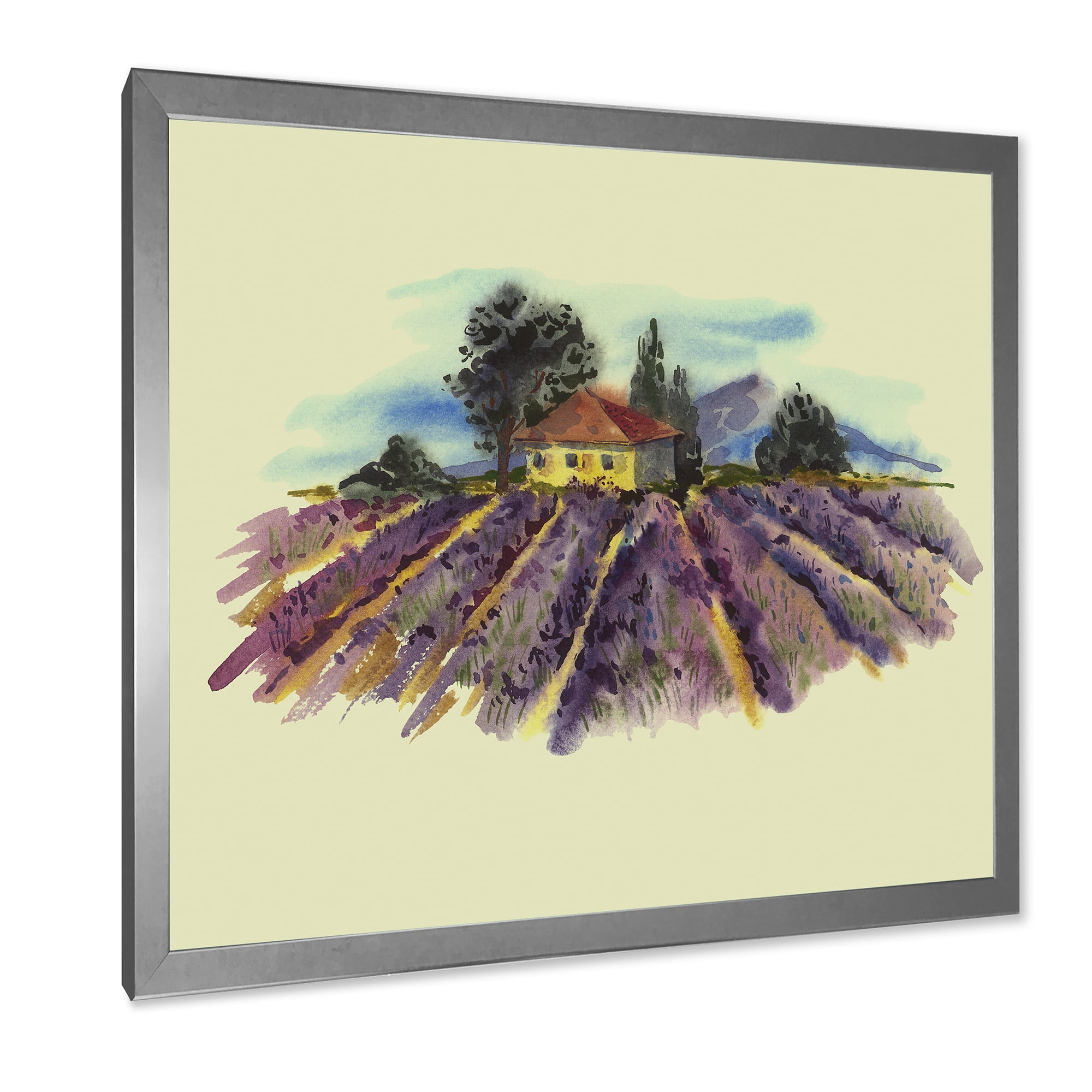 Designart 'Landscape With Blooming Lavender and Village House' Traditional Framed Art Print