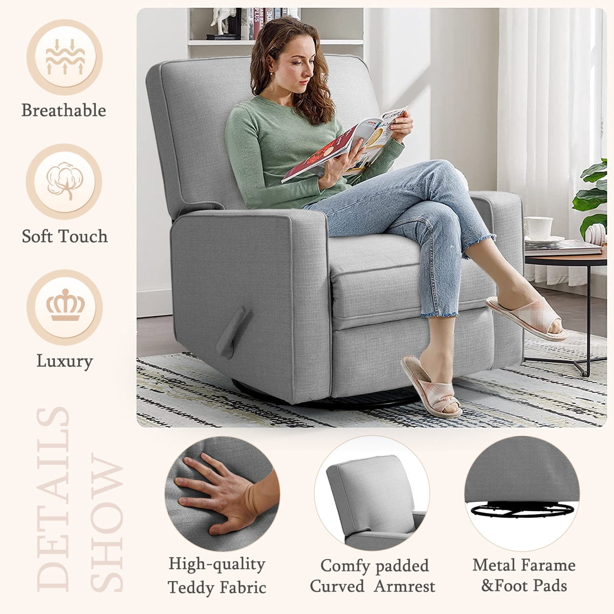 360° Swivel Rocker Recliner , Glider Rocker Recliner, Rocking Chairs for Nursery, Linen Fabric Chair with High Back, Deep Seat, for Living Room, Bedroom, Grey