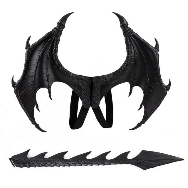 Disfraz de alas de dragón de fantasía para niños, disfraz de alas de diablo, alas y cola de animales para disfraz de fiesta de Halloween (negro)