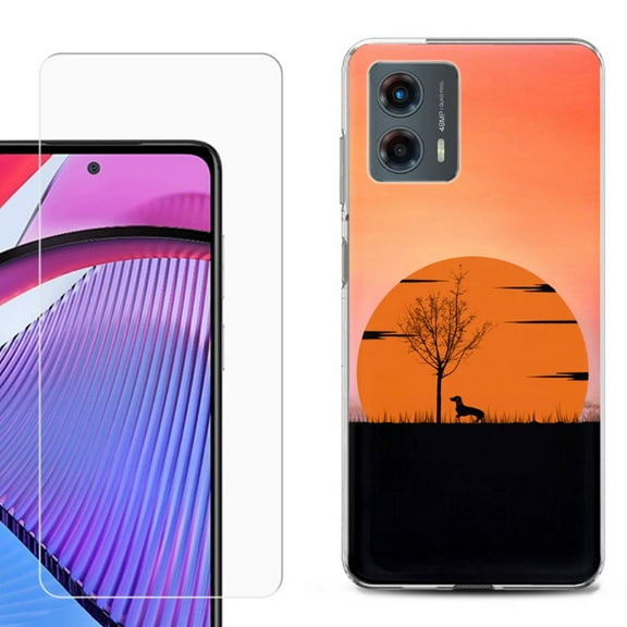OneToughShield ® Compatible with Motorola Moto G 5G 2023, Shockproof Phone Case, with Tempered Glass Screen Protector - Sunset Dachshund