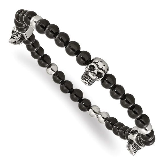 Diamond2Deal Stainless Steel Antiqued and Polished Black Agate Beaded with Skulls Stretch Bracelet for Men 8.25"