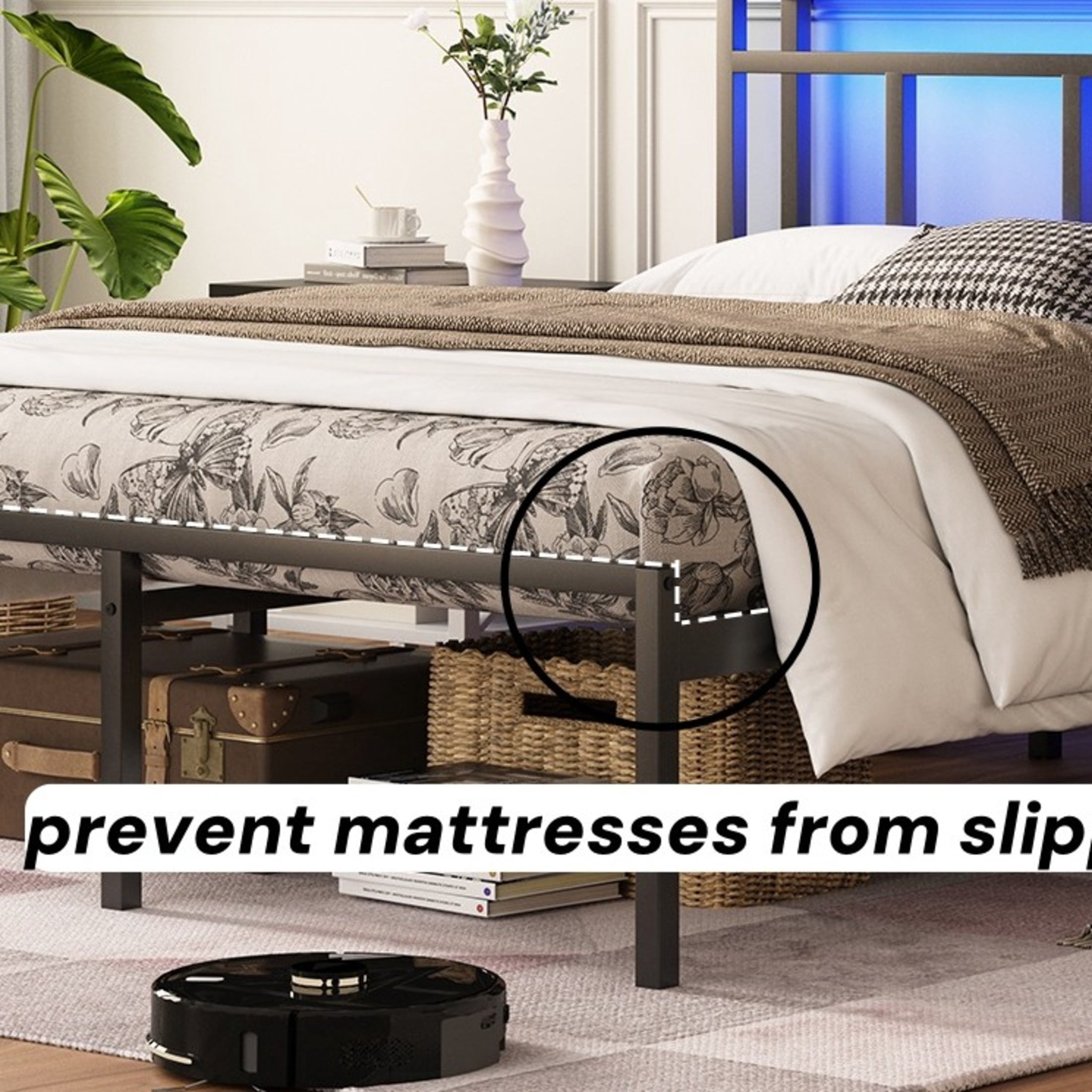 Noble House 14" Full Bed Frame with Storage Headboard and LED Lights, Metal Platform Bed with Charging Station, Black