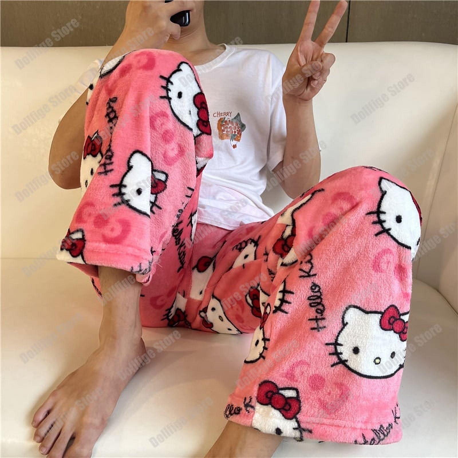 2023 Cute Sanrio Cartoon Pajamas Anime Hello Kitty Pants Multicolour  Flannel Women Casual Home Fashion Trousers Girl Clothes Gift