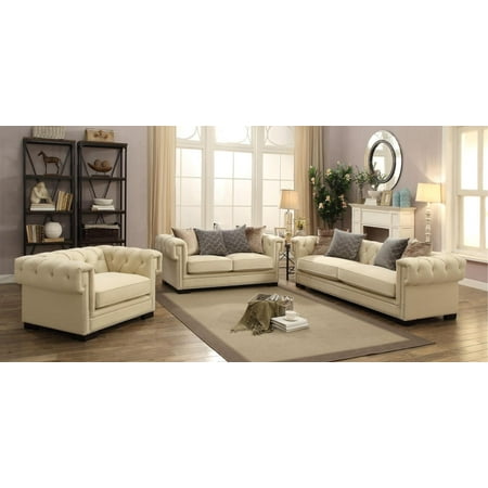 Cream Polished Velvet On Tufted Sofa Set 3ps Acme Furniture 54245 Eulalie