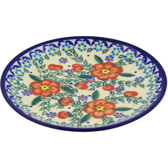 Polish Pottery 7½-inch Dessert Plate (Peach Tudor Rose Theme) Signature UNIKAT Hand Painted in Boleslawiec, Poland + Certificate of Authenticity