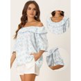 thumbnail image 2 of Unique Bargains Women's Floral Tops Smocked Ruffled Round Neck Half Puff Sleeves Blouse XS Light Blue, 2 of 6