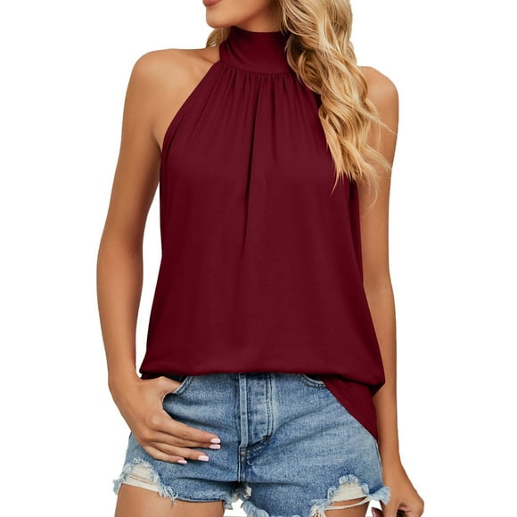 Fgnfyis Ladies Sleeveless Silk Strap Women Hanging Neck Lace up Tops Blouse Tshirts Shirts for Women Red M