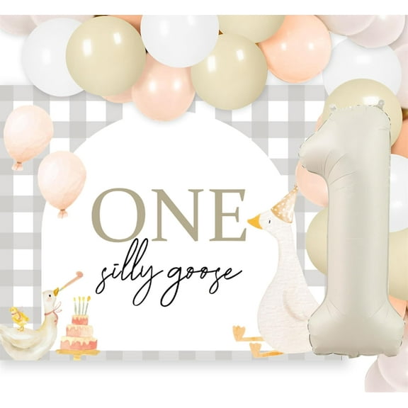 1st Birthday Decor Set in Soft Colors with a Cartoon Goose Theme - A Warm and Childlike Background Cloth and Foil Balloon Combination for Baby Party Decorations