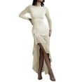 thumbnail image 2 of Women'S Solid Color Long Sleeve Crew Neck Ruched Waist Flowy A Line High Low Midi Irregular Split Dress Apricot XL, 2 of 7