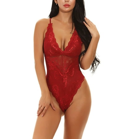 

Women Snap Crotch Lingerie Sexy Lace Bodysuit Teddy One Piece Lace Babydoll