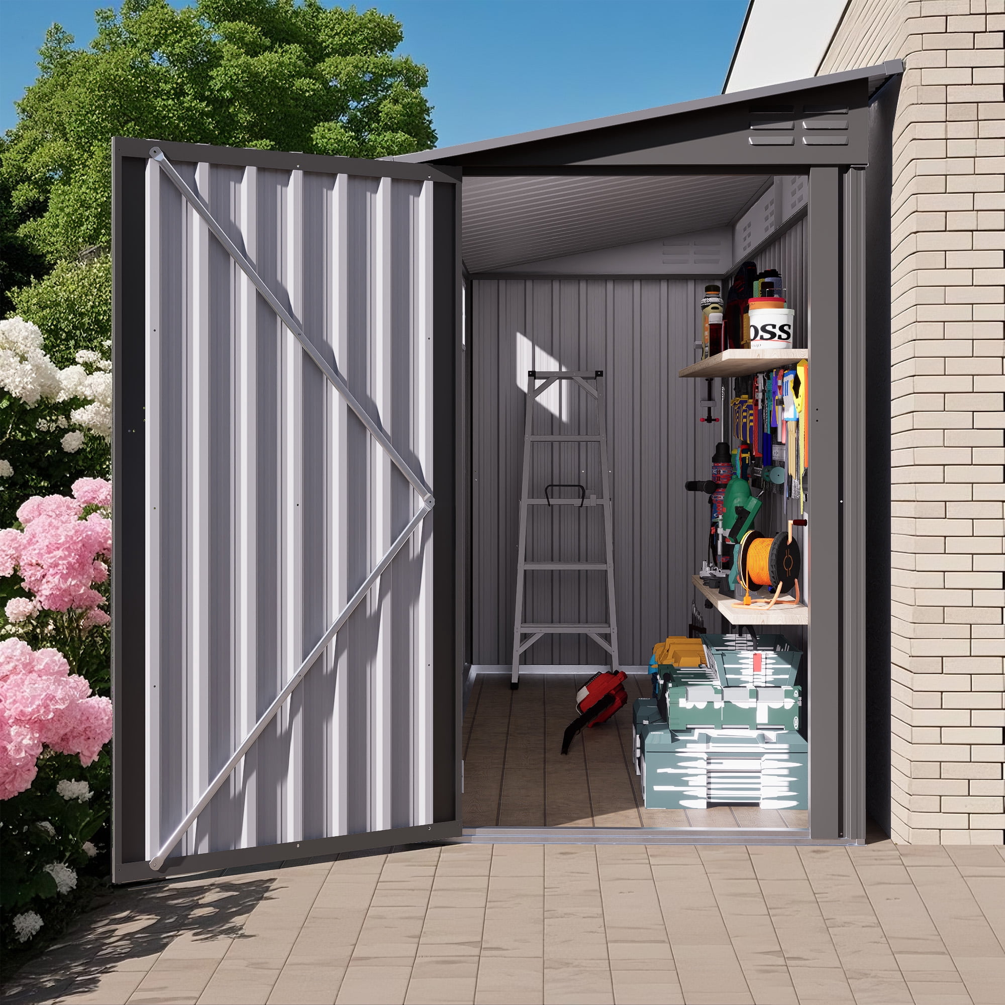 9ft Outdoor Storage Shed, Waterproof Garden Tool Shed, Space-saving Lean-to Shed Wall Side Design, Sloping Roof, Reinforced Frame, with Window and 6 Air Vents, Lockable Patio Shed for Backyard
