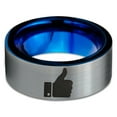 thumbnail image 2 of Tungsten Thumbs Up Emoji Band Ring 8mm Men Women Comfort Fit Blue Flat Cut Brushed Gray Polished, 2 of 4