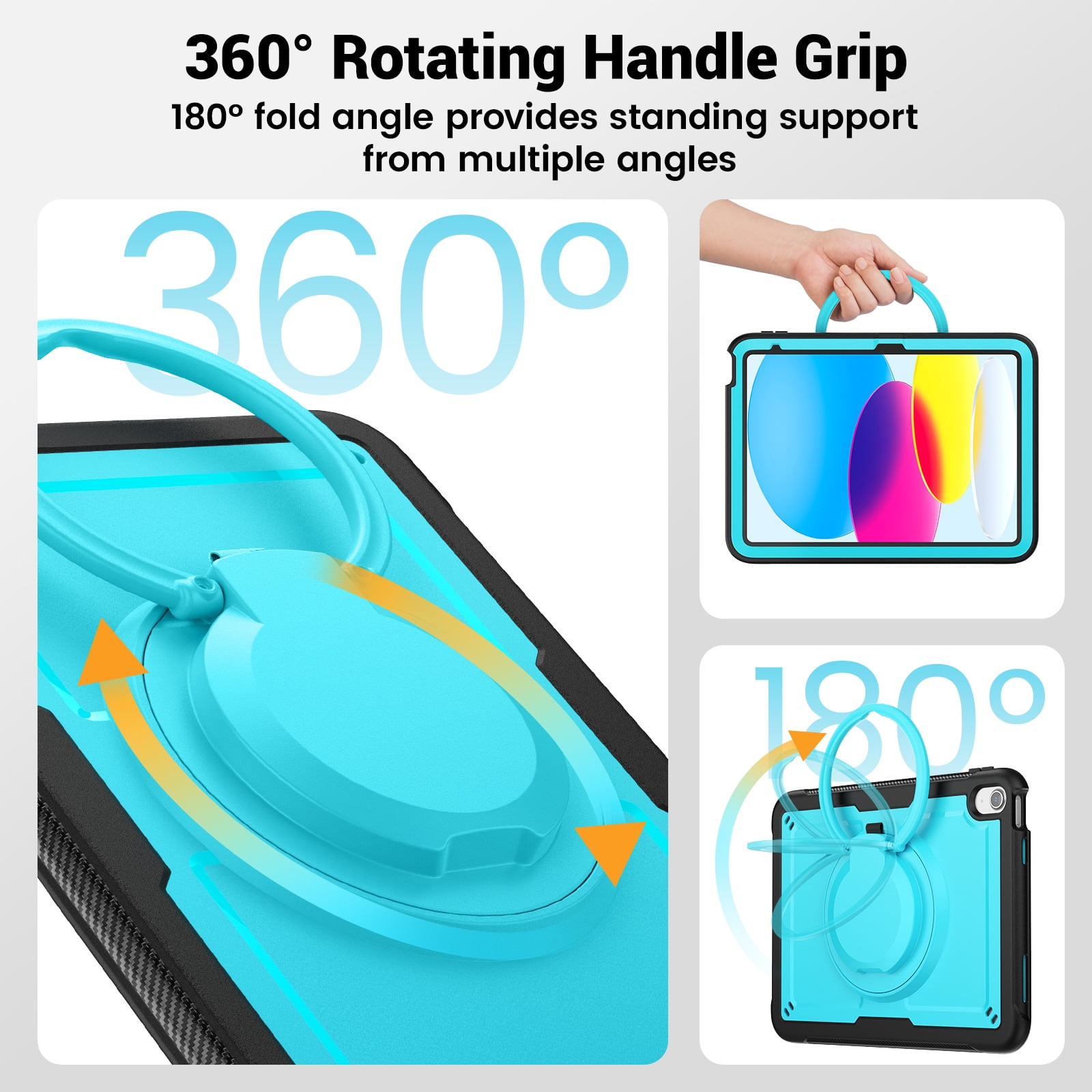 Shockproof Case for Apple iPad 11th 10th Generation 2025 2022, Rugged Hybrid Protective Cover with Pencil Holder & Shoulder Strap Kids Friendly Rotating Stand Case for iPad 11th 10th Gen, Lightblue