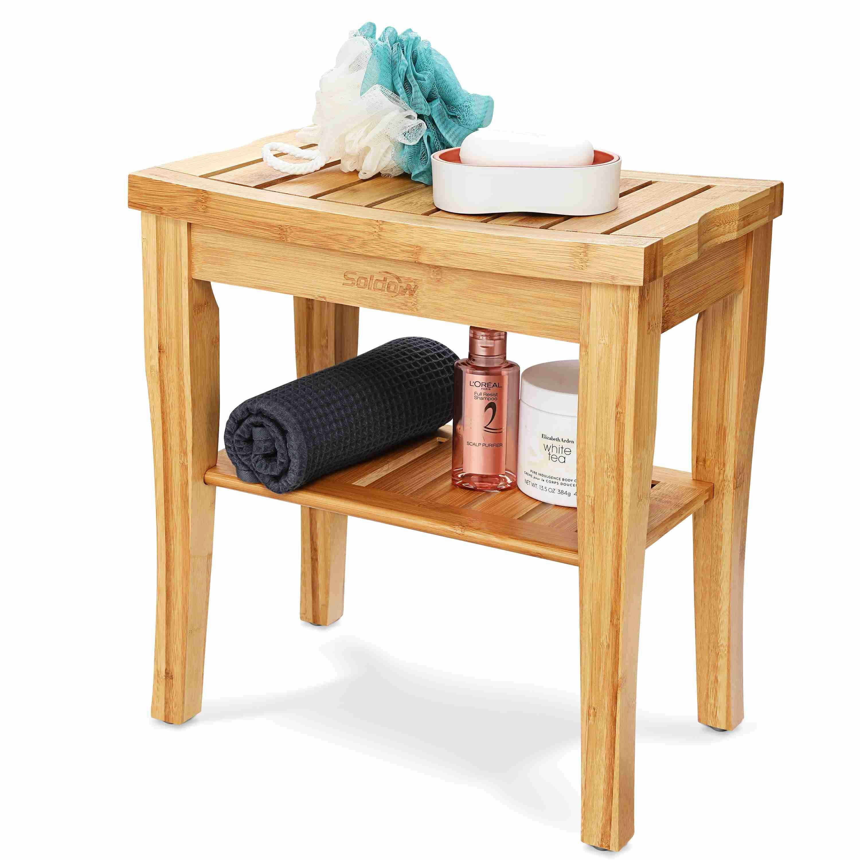 Bamboo Shower Bench and Chair,15" Waterproof Bamboo Shower Seat Bench
