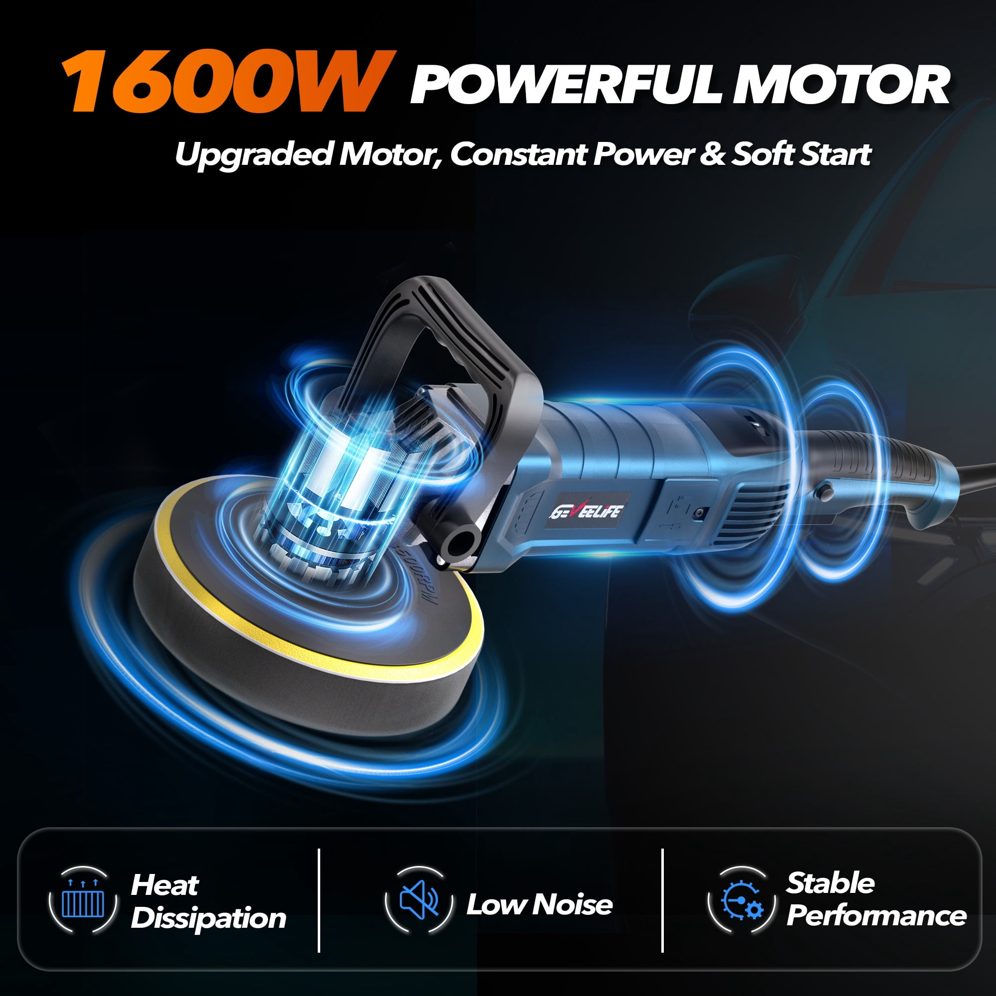 6 Inch 1600W Rotary Car Buffer Polisher, 7 Variable Speed 1000-3500 RPM Electric Polisher Waxer with Detachable Handle for Car Boat Sanding Polishing Waxing