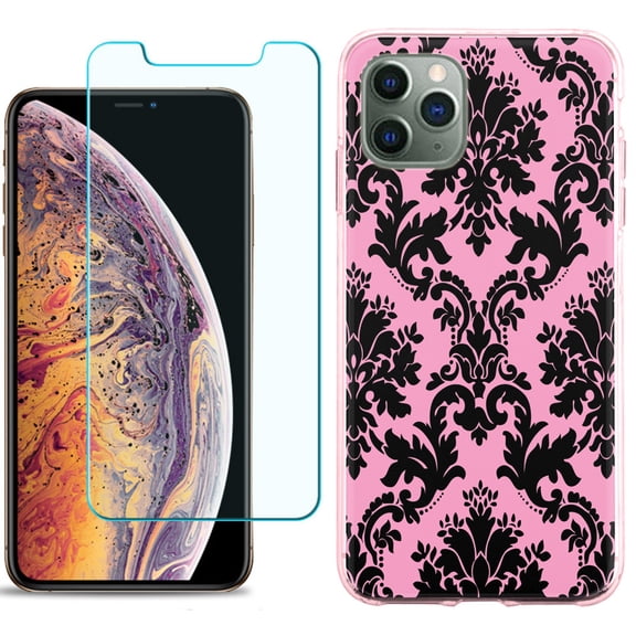 For Apple iPhone 11 PRO Case, Slim-Fit TPU Protective Phone Case (Pink Bezel) with Tempered Glass Screen Protector, by OneToughShield ® - Victorian Pink/Black