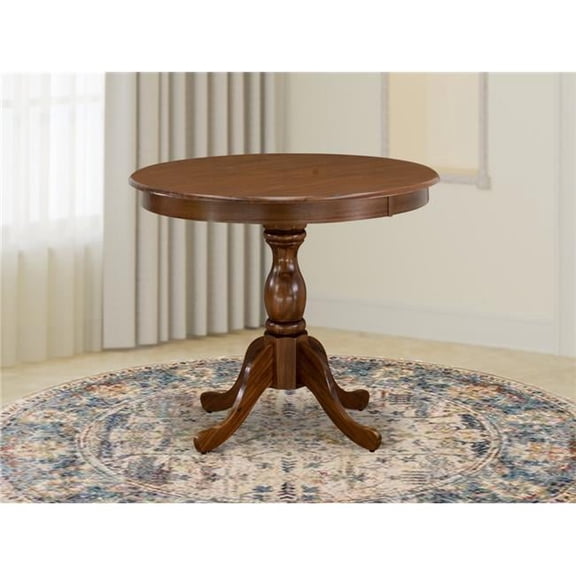 Antique Round Wood Table with Walnut Table Top Surface & Asian Wood Modern Pedestal Legs
