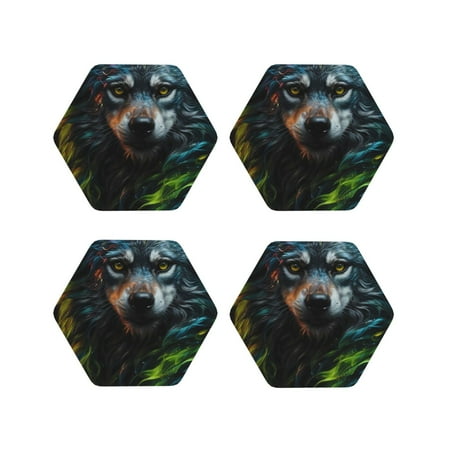 

Matuu Realistic Style Green Fur Wolf for Cup Coasters Set of 4 Leather Coasters Desk Coasters for Office Measures 4” x 4”-Hexagon
