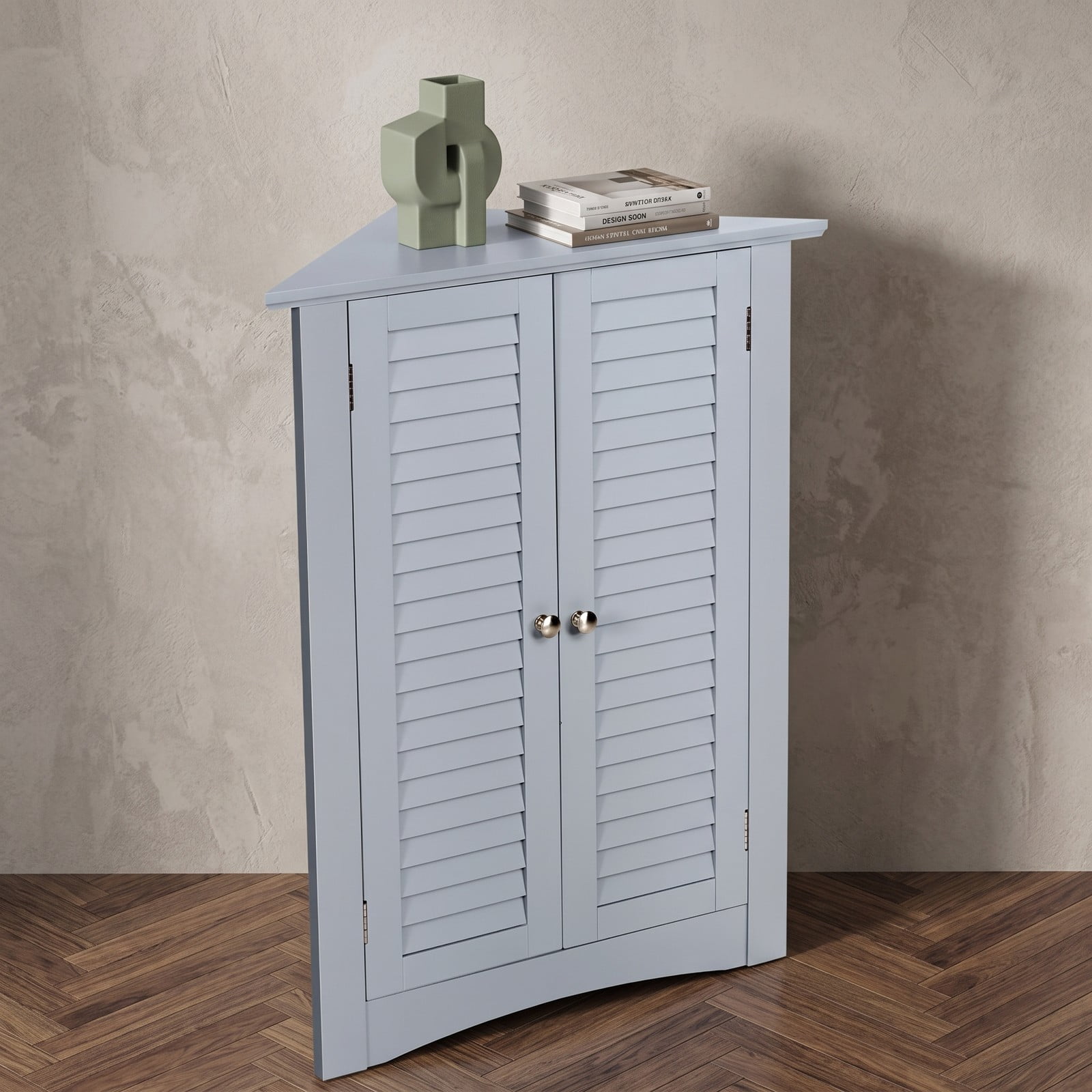 Fenbeli Bathroom Corner Storage Cabinet, Freestanding Floor Cabinet with Shutter Door and Adjustable Shelf, Anti-Tipping Space-Saving Wooden Organizer for, Gray