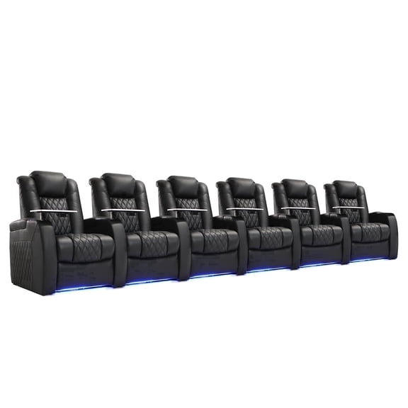 Weilianda Luxury Home Theater Seating Electricity Recliner Power Headrest Recliner Top Grain Leather Movie Chair Gaming Sofa with Tray Table USB Charging Cup Holders,Row of 6 Black