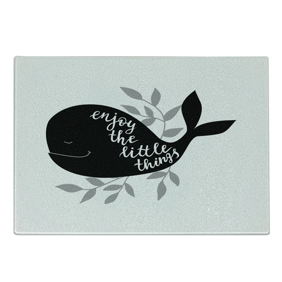 Enjoy the Little Things Cutting Board, Ocean Whale Silhouette with Leaves Brush Lettering, Decorative Tempered Glass Cutting and Serving Board, Small Size, Pale Grey White, by Ambesonne