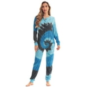#followme Women's Thermal Henley Bodysuit - Cozy and Comfortable Winter Sleepwear and Loungewear Union Suit (Tie Dye Blue, Small)