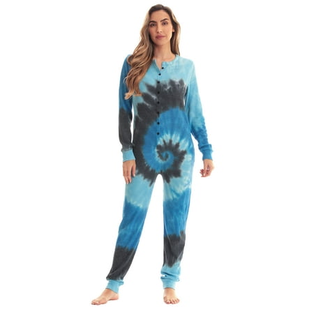 #followme Women's Thermal Henley Bodysuit - Cozy and Comfortable Winter Sleepwear and Loungewear Union Suit (Tie Dye Blue, Small)