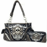 TEXAS WEST Rhinestone Embroidered Metal Skull Leather Women's Handbag With Matching Wallets In 7 Colors