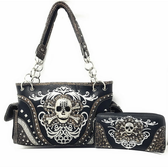 Texas West Rhinestone Embroidered Metal Skull Leather Women's Handbag With Matching Wallets In 7 Colors