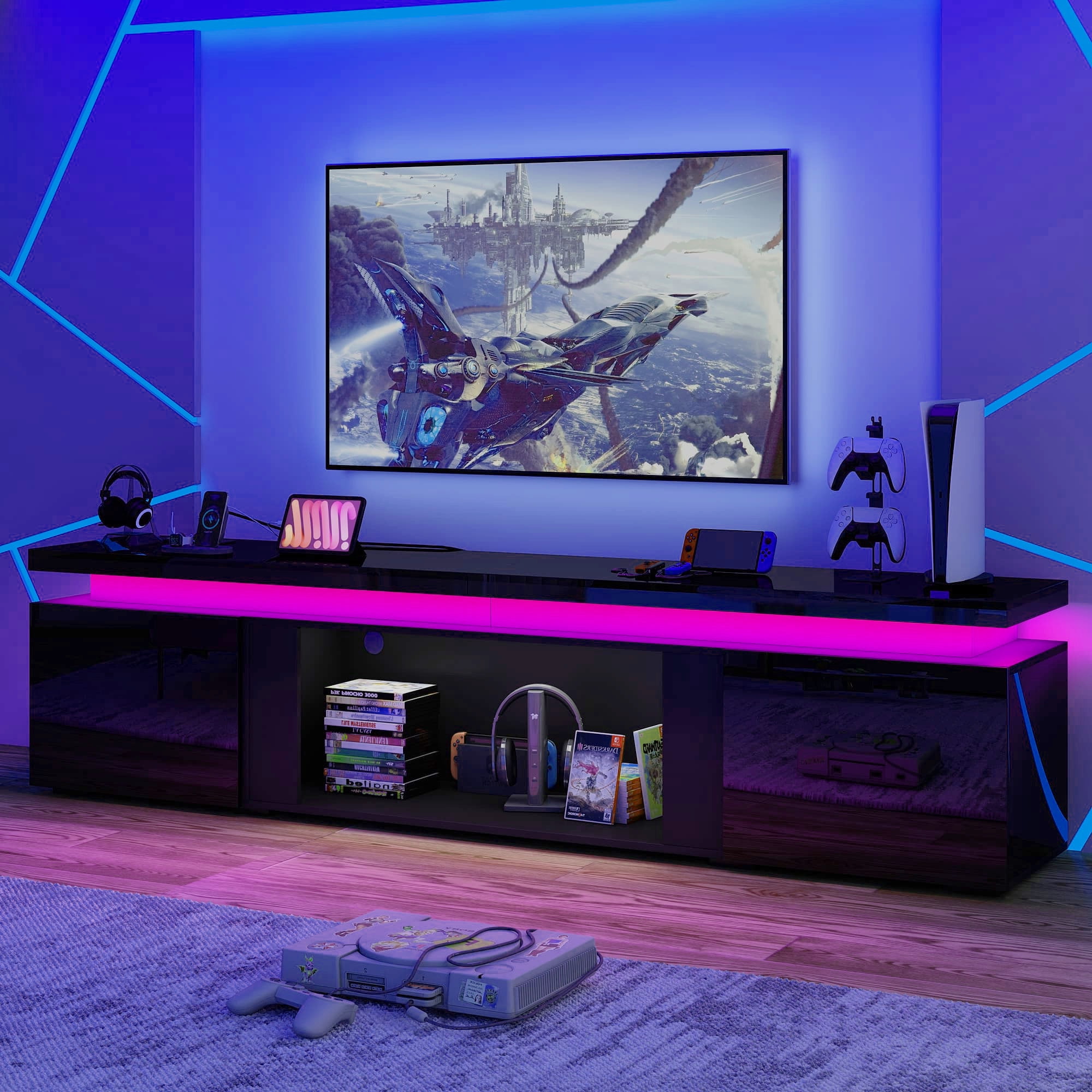 90 inch LED TV Stand with 50" Fireplace Slot & Power Outlet, High Gloss Fireplace TV Stand for 85 90 95 100 inch TVs, Modern Large Media Console Entertainment Center(No Fireplace)