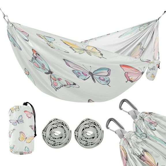 Portable Camping Hammock 300lb Capacity Single Travel Hammock Foldable Design for Backpacking, Hiking, Travel Hand-drawn Pastel Colors Butterflies