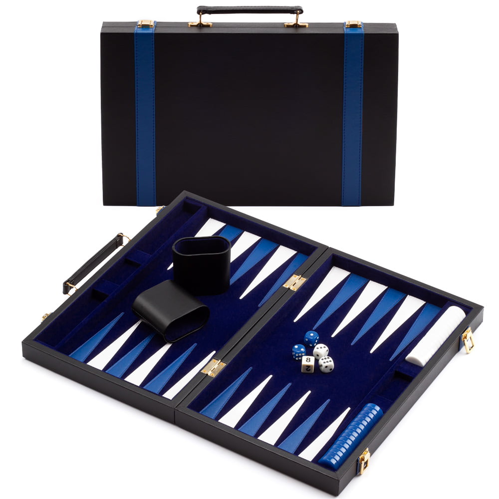 GSE Games & Sports Expert Small/Medium/Large Leather Backgammon Board Game Set Black&Grey, Medium 