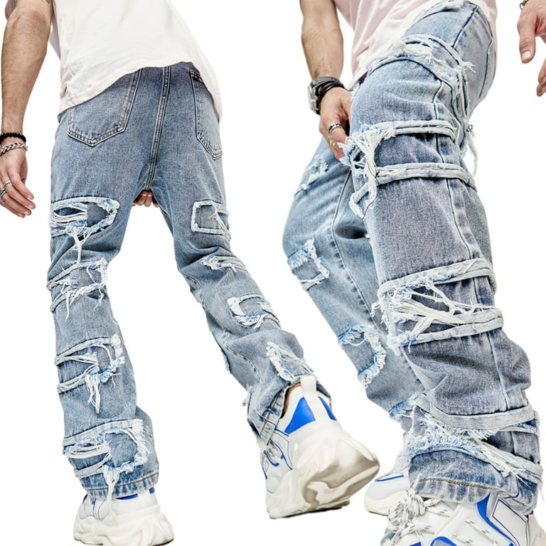 Men's Ripped Stacked Jeans Slim Fit Patch Distressed Destroyed