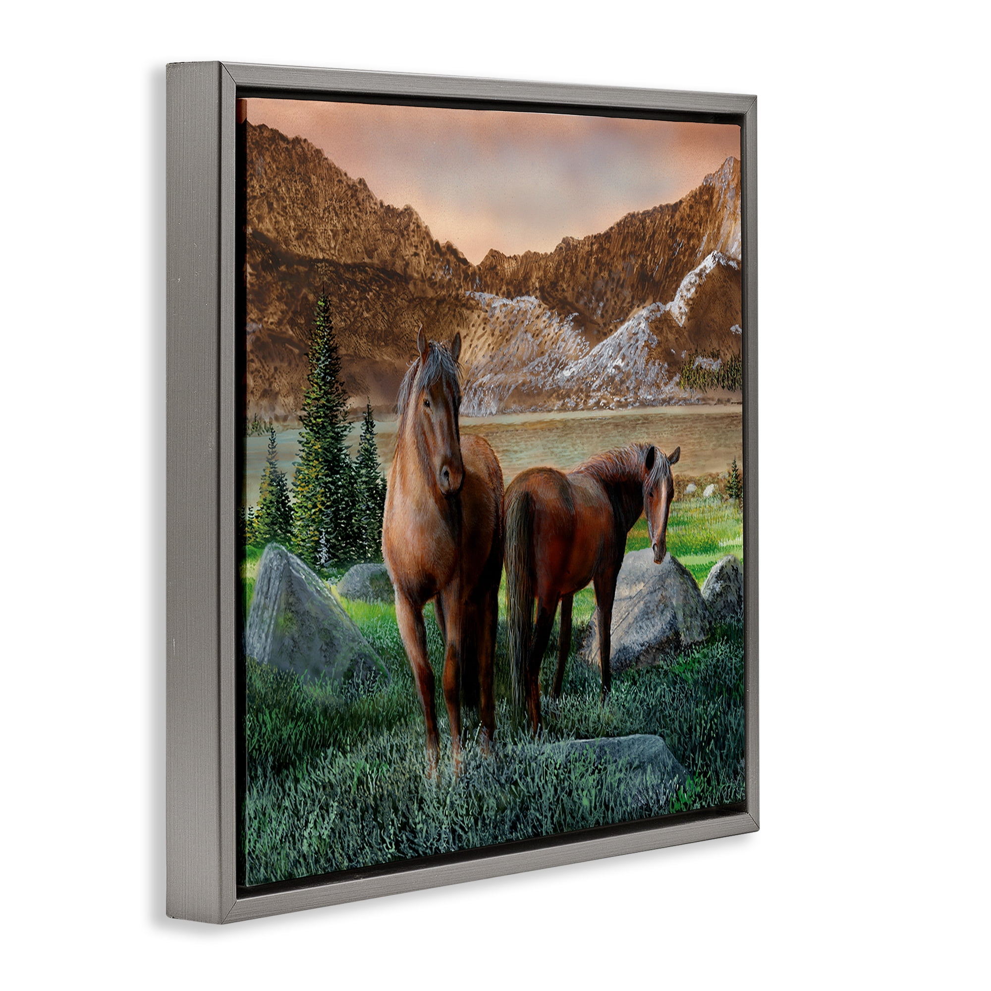 Stupell Industries Two Horses by Mountain Landscape & Nature Painting Gray Floater Framed Canvas Art Print Wall Art, 18 x 18