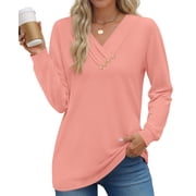 Fantaslook V Neck Blouses for Women Dressy Casual Tops Button Long Sleeve Shirts Trendy Fall Tops