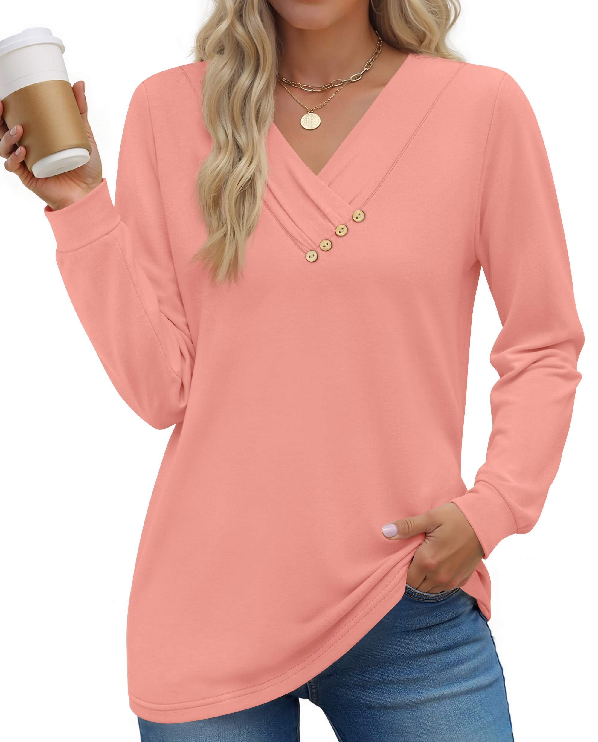 Fantaslook V Neck Blouses for Women Dressy Casual Tops Button Long Sleeve Shirts Trendy Fall Tops