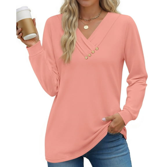 Fantaslook V Neck Blouses for Women Dressy Casual Tops Button Long Sleeve Shirts Trendy Fall Tops