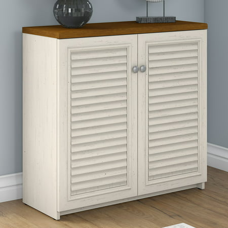 Bush Furniture Fairview Small Storage Cabinet with Doors in Antique White and Tea