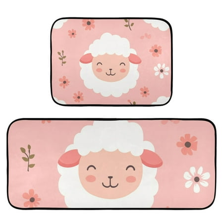 

Happy Sheep Faces Little Florals Leaves Rug Carpets Floor Mats Non-slip Water Absorption Set of 2 for Kitchen Bathroom Laundry